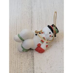 Ceramic sledding snowman mistletoe ornament Xmas decor
